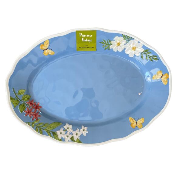 PRIMROSE VINTAGE Melamine Large 16" Serving Platter Blue Floral Butterflies NEW - Picture 1 of 8